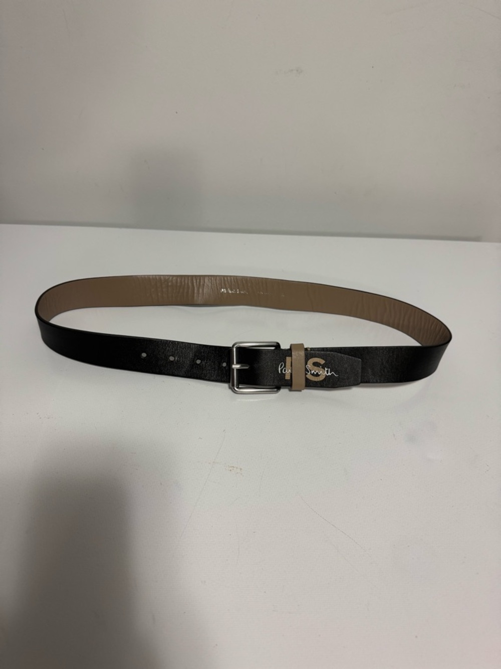 Paul Smith Black Leather Belt with Tan Interior and Silver Buckle